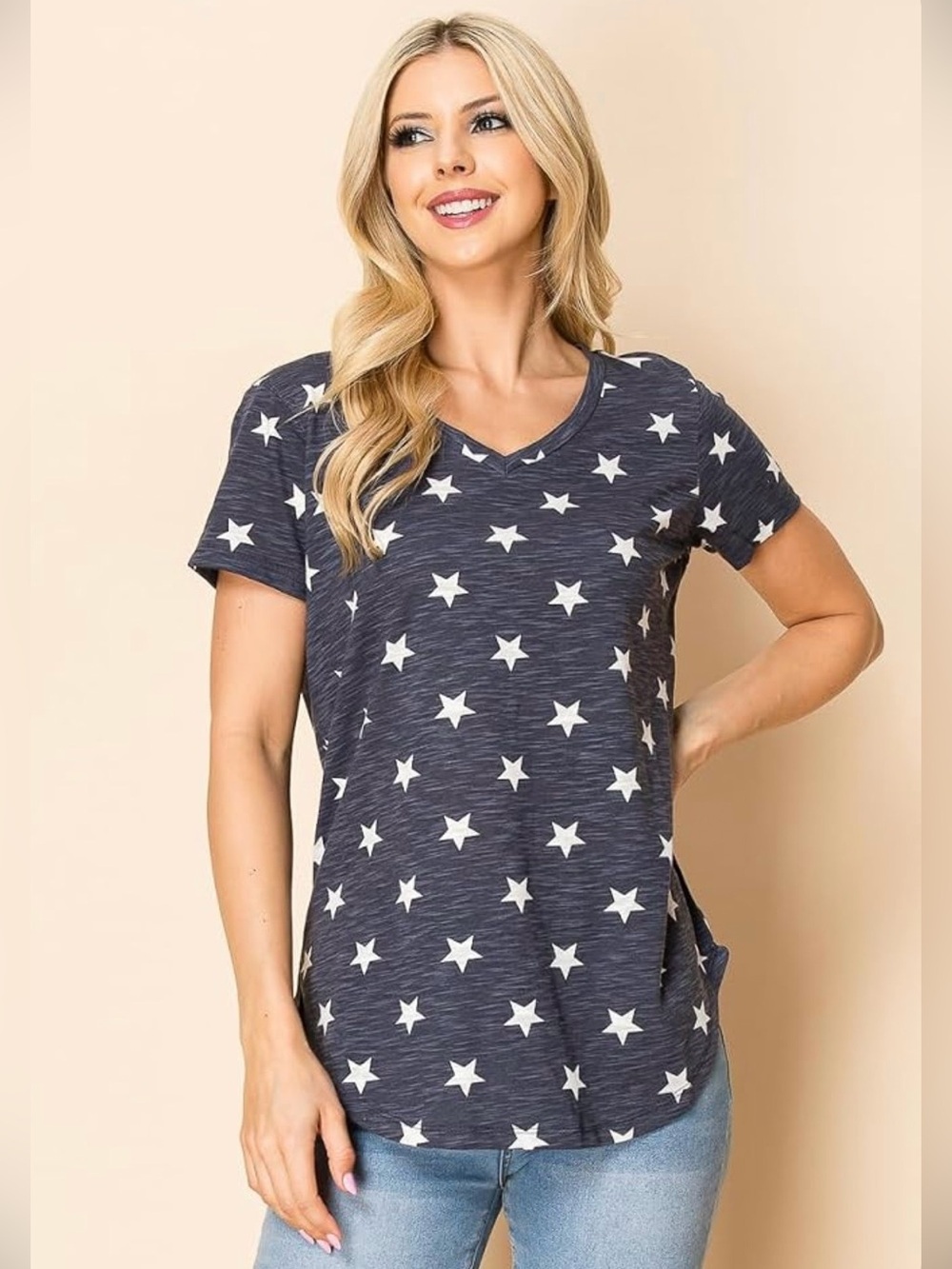 Zim & Zoe Plus Size 20 Navy Blue Star Print V-Neck T-Shirt Slub Cotton Boho